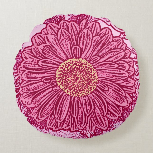 Gerbera Daisy Block Print, Maroon & Pastel Pink Rond Kussen (Voorkant)
