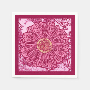 Gerbera Daisy Block Print, Maroon & Pastel Pink Servet