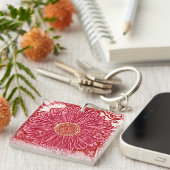 Gerbera Daisy Block Print - rood en roze Sleutelhanger (Voorkant Rechts)