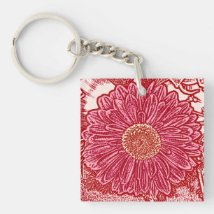 Gerbera Daisy Block Print - rood en roze Sleutelhanger