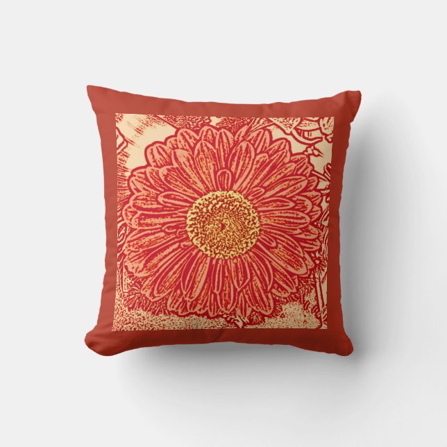 Gerbera Daisy Block Print, Saffron & Deep Oranje Kussen (Voorkant)