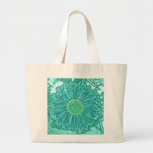 Gerbera Daisy Block Print - schaduwen van aqua Grote Tote Bag