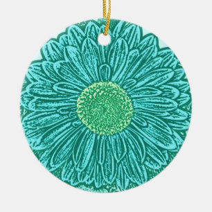 Gerbera Daisy Block Print - schaduwen van aqua Keramisch Ornament
