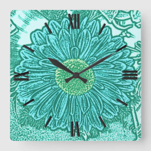 Gerbera Daisy Block Print - schaduwen van aqua Vierkante Klok
