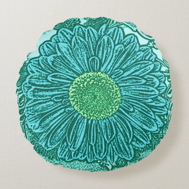 Gerbera Daisy Block Print, Turquoise en Aqua Rond Kussen (Voorkant)