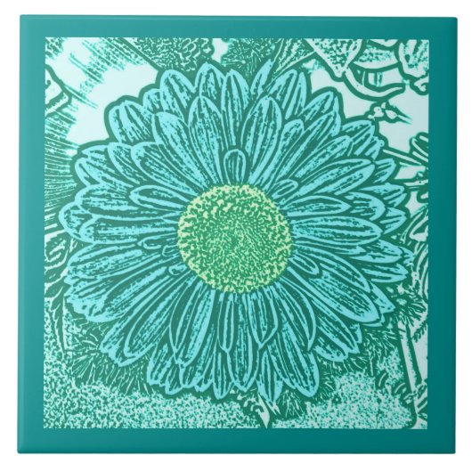 Gerbera Daisy Block Print, Turquoise en Aqua Tegeltje (Voorkant)