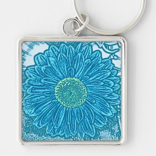 Gerbera Daisy Block Print - zee blauw Sleutelhanger (Voorkant)