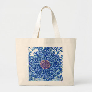 Gerbera Daisy Blokprint - kobaltblauw Grote Tote Bag