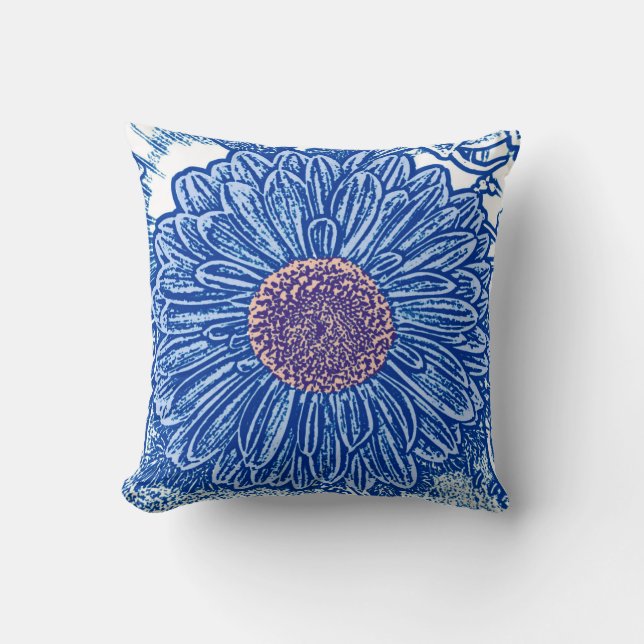 Gerbera Daisy Blokprint - kobaltblauw Kussen (Voorkant)