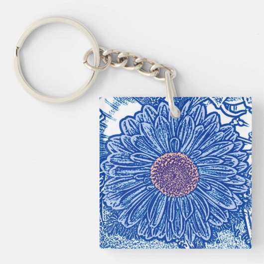 Gerbera Daisy Blokprint - kobaltblauw Sleutelhanger (Voorkant)