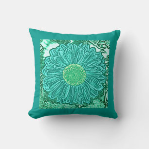 Gerbera Daisy Blokprint - tinten aqua Kussen