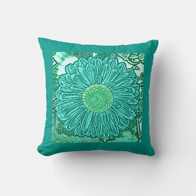 Gerbera Daisy Blokprint - tinten aqua Kussen (Voorkant)