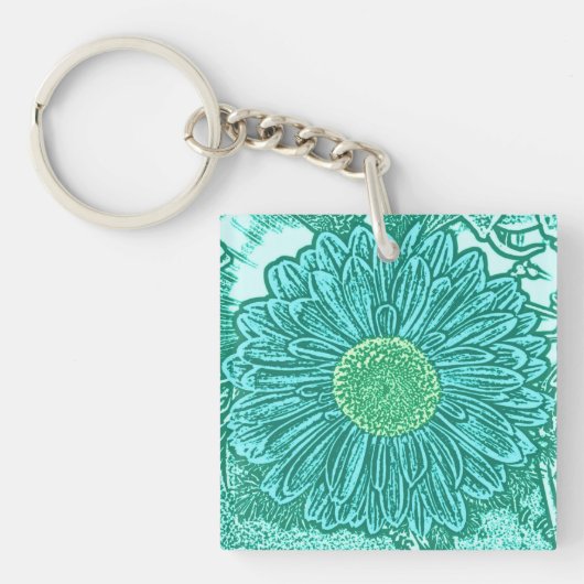 Gerbera Daisy Blokprint - tinten aqua Sleutelhanger (Voorkant)