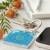 Gerbera Daisy Blokprint - zee blauw Sleutelhanger (Voorkant Rechts)