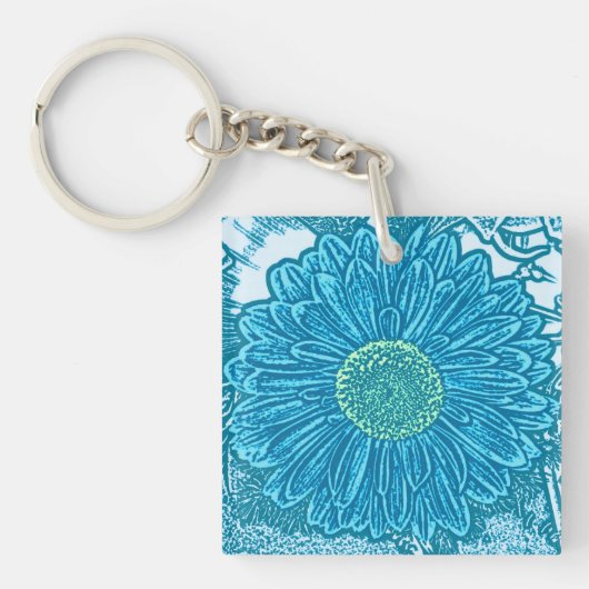 Gerbera Daisy Blokprint - zee blauw Sleutelhanger (Voorkant)