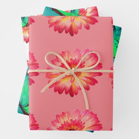 Gerbera Daisy en Blauwgroen Butterfly Gift Wrap Inpakpapier Vel (In situ)