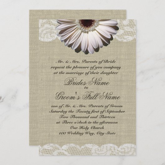 Gerbera Daisy en Lace Country Burlap bruiloft Kaart (Voorkant / Achterkant)