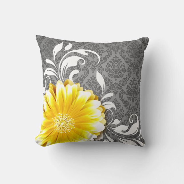 Gerbera Daisy Fancy Damask | grijs geel wit Kussen (Voorkant)