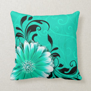 Gerbera Daisy Fancy Scroll   Munt groen zwart Kussen
