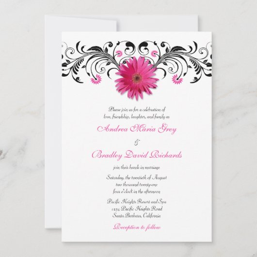 Gerbera Daisy Pink Black Floral Wedding Invitation Kaart (Voorkant)