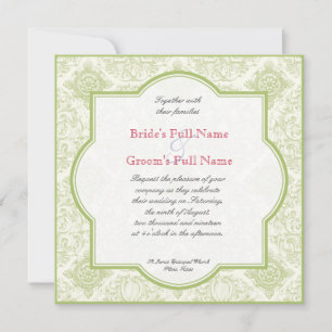 Gerbera Daisy Pink Green Quatrefoil Wedding Invite Kaart