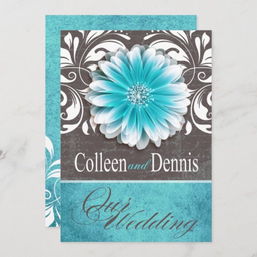 Gerbera Daisy Scroll 1 Huwelijk blauwgroen krijtbo Kaart (Voorkant / Achterkant)