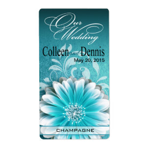 Gerbera Daisy Scroll 1 Wijnlabel   BLAUWGROEN Etiket