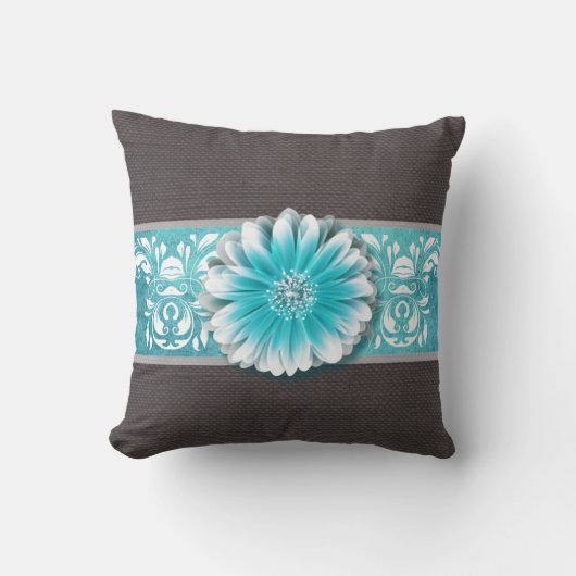 Gerbera Daisy Scroll Burlap 1 blauwgroen bandeau Kussen (Voorkant)