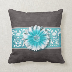Gerbera Daisy Scroll Burlap 1 blauwgroen bandeau Kussen
