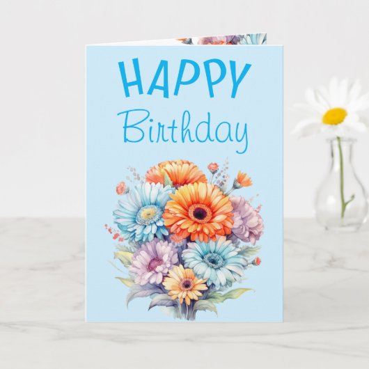 Gerbera flowers happy birthday blank blue kaart (Kleine Plant)