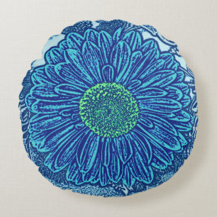 Gerbera Madelief Bloem Blokprint, Cerulean & Indig Rond Kussen