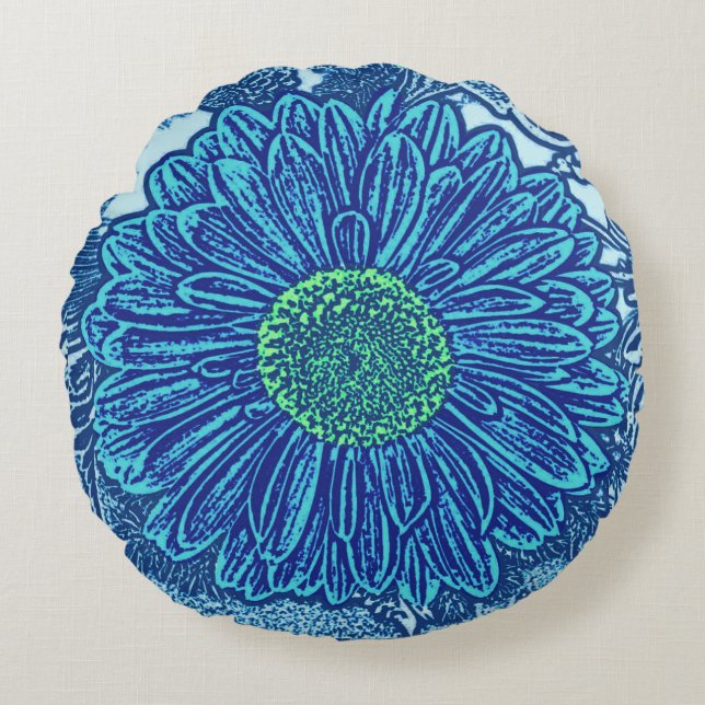 Gerbera Madelief Bloem Blokprint, Cerulean & Indig Rond Kussen (Voorkant)