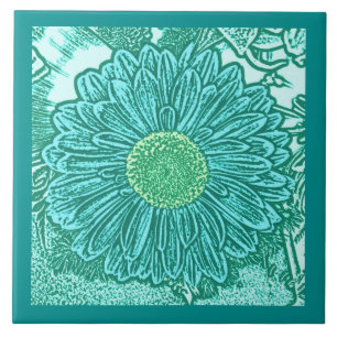 Gerbera Madelief Blokprint, Turquoise en Aqua  Tegeltje