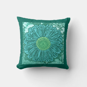 Gerbera Madeliefjes Blockprint, Licht Aqua & Turqu Kussen