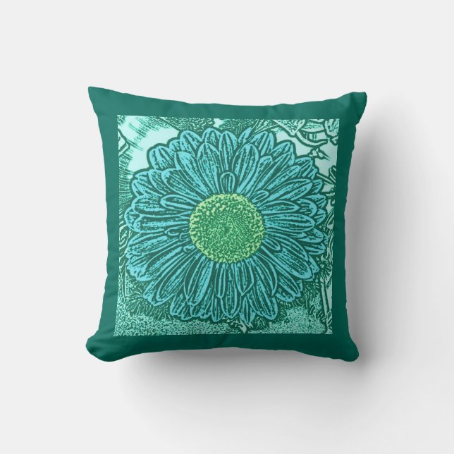 Gerbera Madeliefjes Blockprint, Licht Aqua & Turqu Kussen (Voorkant)