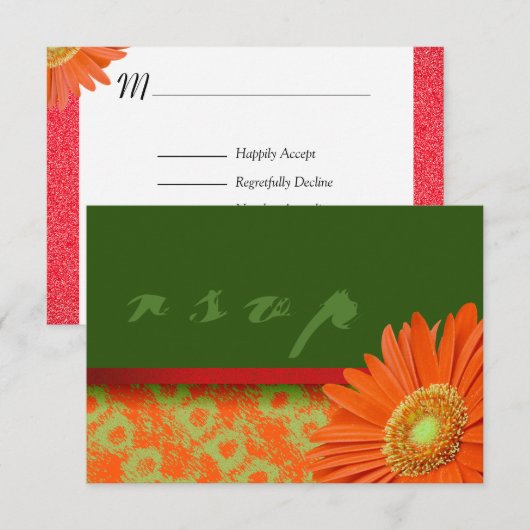 Gerbera Oranje Green Script RSVP-kaarten RSVP Kaartje (Voorkant / Achterkant)