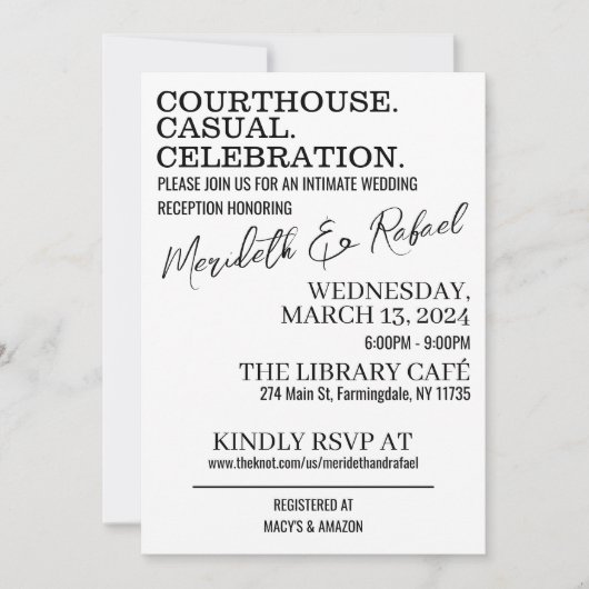 Gerechtsgebouw. Casual. Cocktails. bruiloft uitnod (Voorkant)