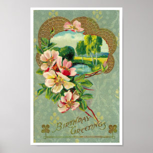 GERECYCLED KUNSTWERK: C1915 VERJAARDAG BRIEFKAART POSTER