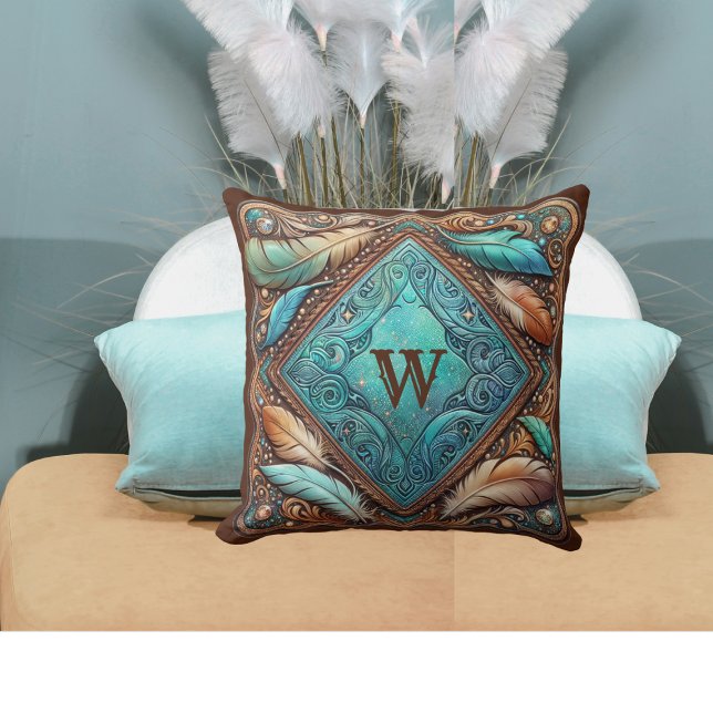 Gereed Leather Print Feathers Custom Initiaal Kussen (Tooled Leather Print Feathers Custom Initial Throw Pillow)