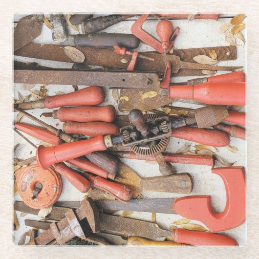 Gereedschap Antiek Rustiek Rood Man Tool Glazen Onderzetter (Voorkant)