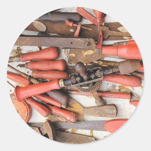 Gereedschap Antiek Rustiek Rood Man Tool Ronde Sticker (Voorkant)