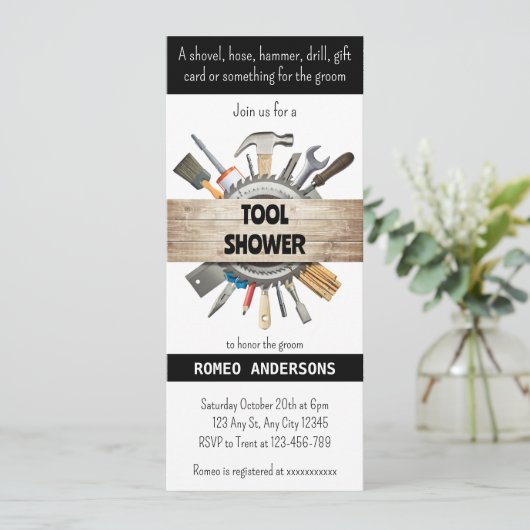 Gereedschap douche uitnodiging (Staand voorkant)