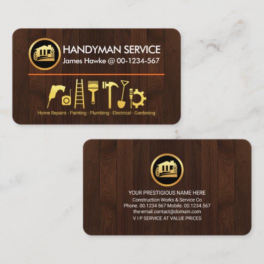 Gereedschap Houthout Gold Handyman Visitekaartje (Voorkant / Achterkant)