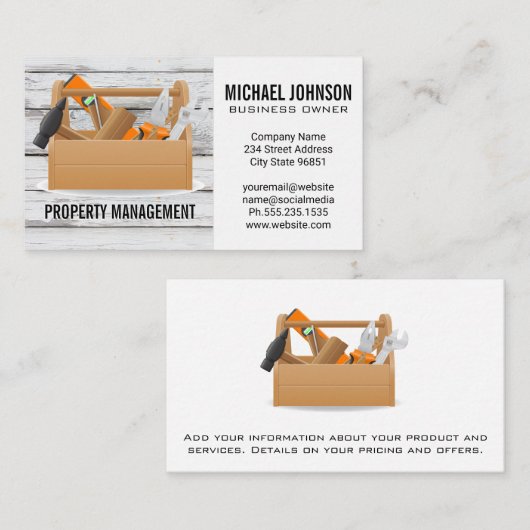 Gereedschap in houten doos bevestigen visitekaartje (Voorkant / Achterkant)