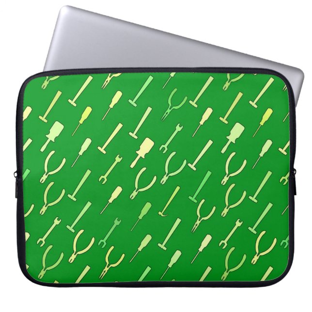 Gereedschap op bosgroen laptop sleeve (Voorkant)