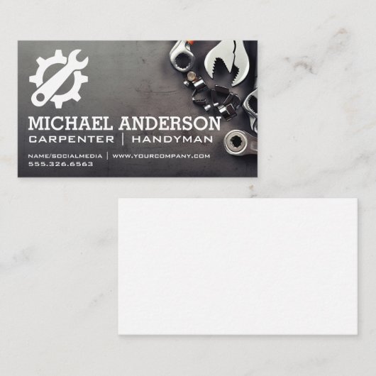 Gereedschap op tafel | Sleutel tandwiel logo Visitekaartje (Voorkant / Achterkant)