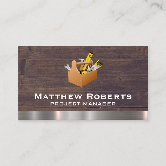Gereedschapskist | Houten Planken Metalen Geborste Visitekaartje (Voorkant)