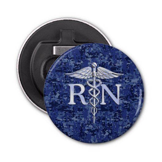 Geregistreerd zure RN Caduceus op Navy Blue Camo Button Flesopener (Voorkant)