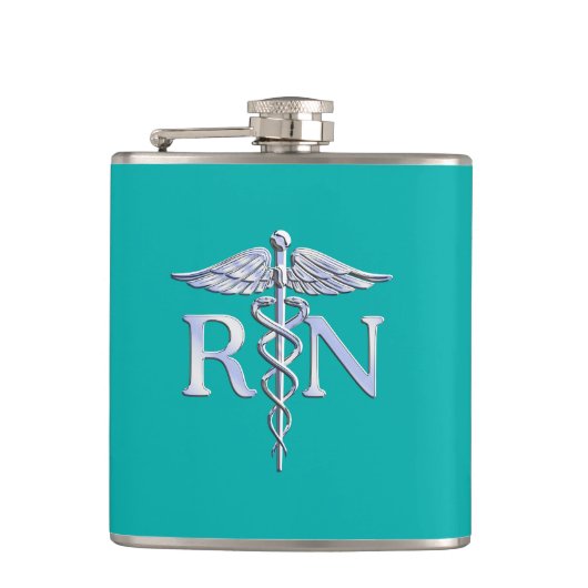 Geregistreerd zure RN Caduceus op Turquoise Decor Heupfles (Voorkant)