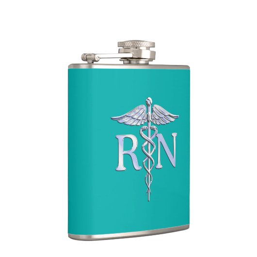 Geregistreerd zure RN Caduceus op Turquoise Decor Heupfles (Rechts)